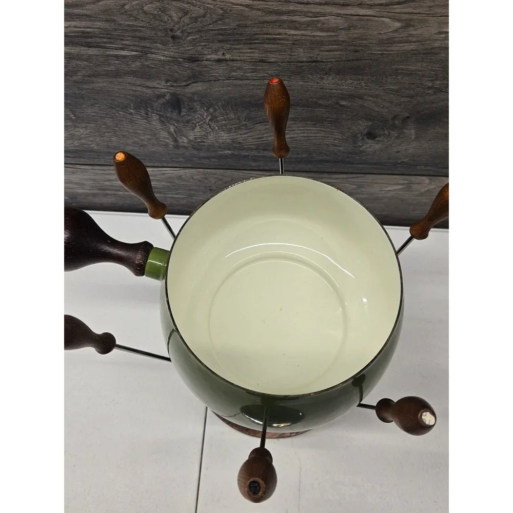 Vintage MCM Avocado Green Enamel Fondue Set Wood Base 6 Forks Stainless Lid 70s